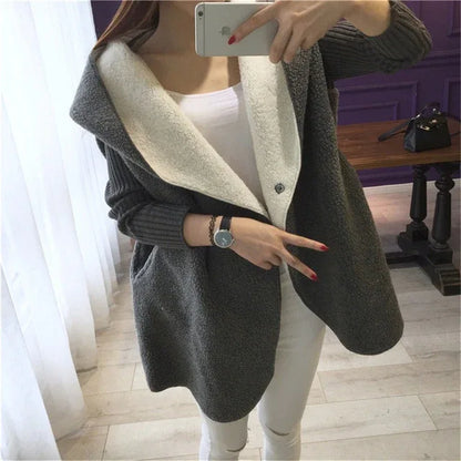 Loose Lamb Wool Cardigan Solid Color Hooded Long Fashion Coat Knitted Sleeve Stitching Warm Jacket - Shello's Creative Boutique