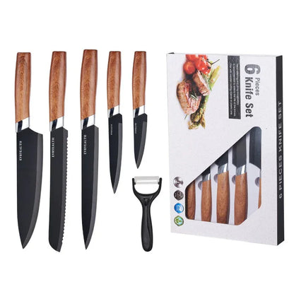 Premium Six-Piece Stainless Steel Kitchen Knife Set – Wooden Handle Edition - Shello's Creative Boutique