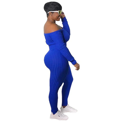 Two Piece Set Autumn Outfits Tracksuit Women Blue Ribbed Striped Slash Neck Short Tops Pencil Pants - Shello's Creative Boutique