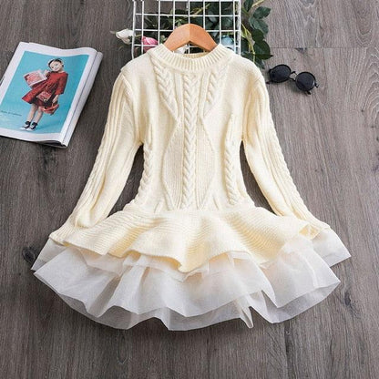 Winter Knitted Chiffon Girl Dress – Party Long Sleeve Children’s Clothes - Shello's Creative Boutique