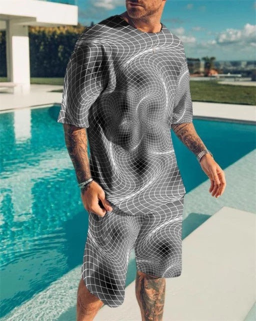 New Men's Korean Suit 3D Printing Trend Digital Printing Round Neck T-Shirt Casual Two-Piece Suit eprolo