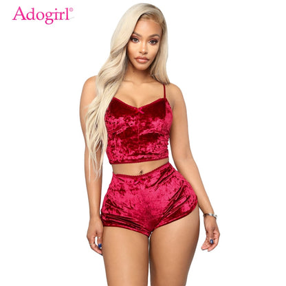 Velvet Tracksuit Sexy V Neck Spaghetti Straps Crop Top + Shorts Fashion Night Club Suits Two Piece Set Outfits eprolo