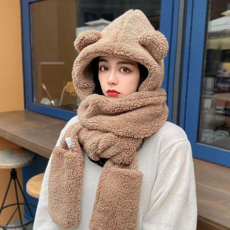 Adorable Bear 3-in-1 Plush Winter Set - Hat, Scarf & Gloves with Heart Details