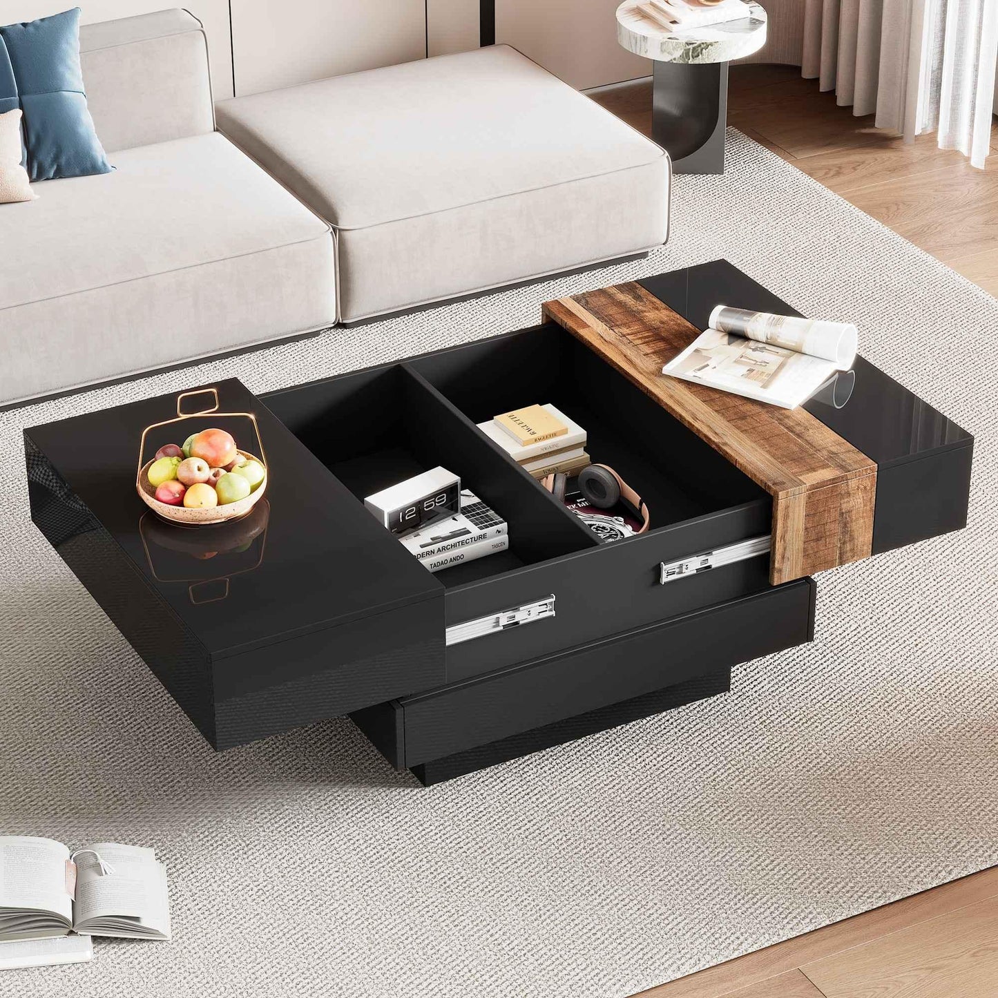 Modern High Gloss Coffee Table - 80cm Square with Sliding Top & Hidden Storage (Black) - Shello's Creative Boutique
