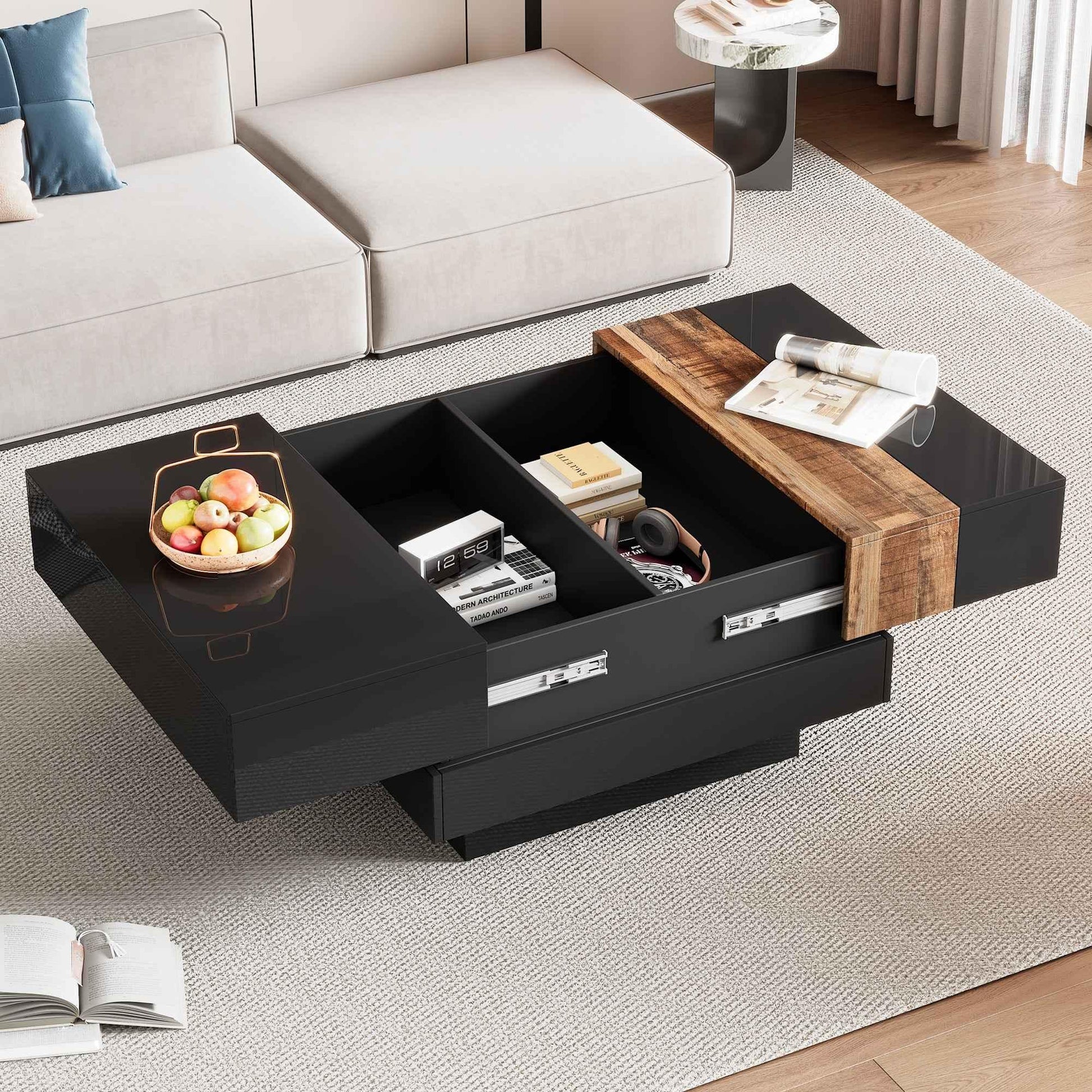Modern High Gloss Coffee Table - 80cm Square with Sliding Top & Hidden Storage (Black) - Shello's Creative Boutique