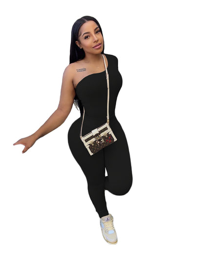 Women Spring Solid Color Long Sleeve One Shoulder Two Piece Set Solid Color Suit eprolo