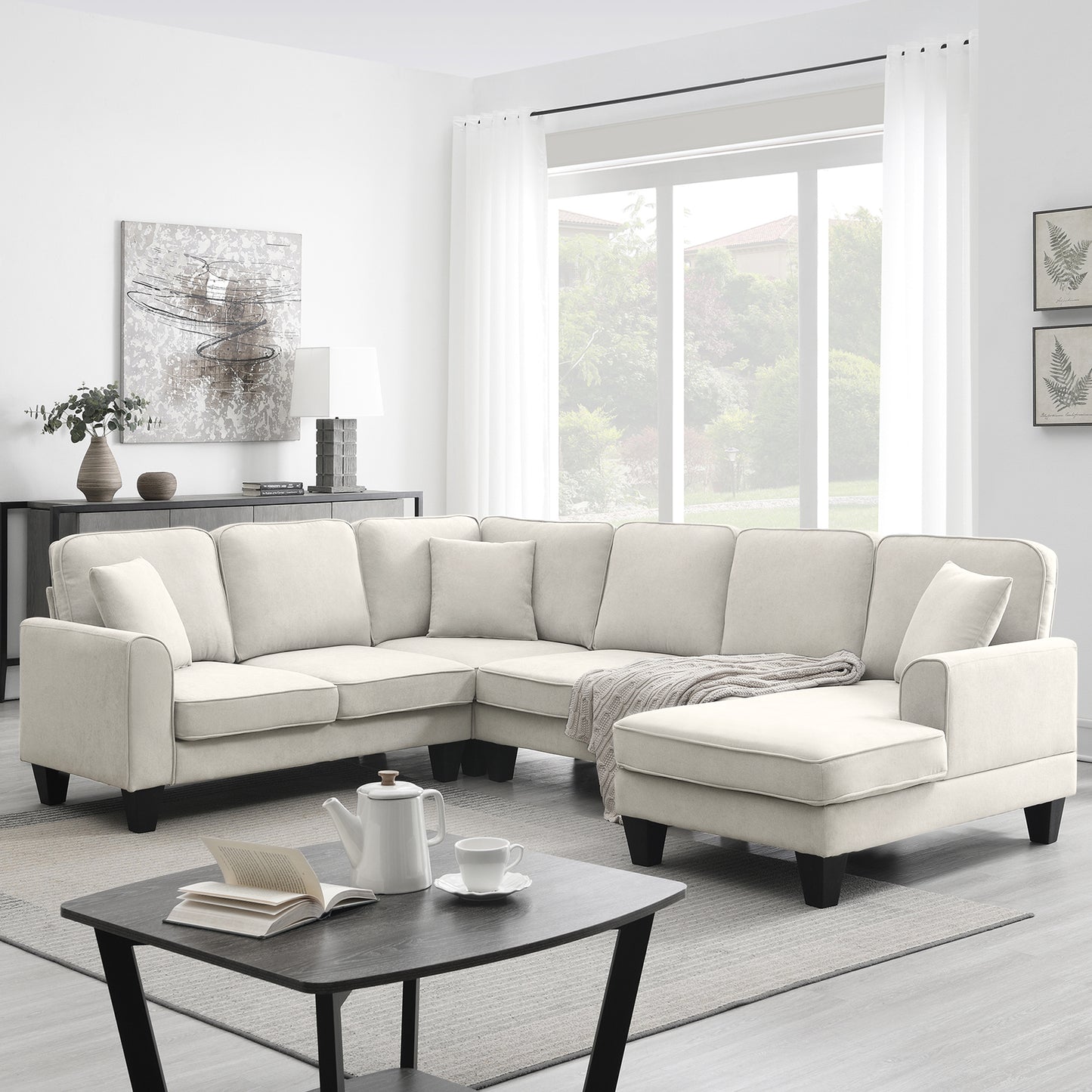 Modern U-Shape Sectional Sofa – 7-Seat Fabric Sofa Set with Pillows for Living Room, Apartment & Office