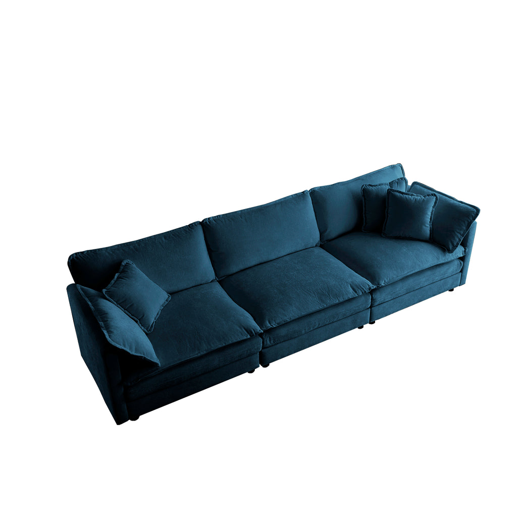 Mid-Century Modern Couch 3-Seater Sofa with 2 Armrest Pillows and 3 Toss Pillows, Couch for Living Room Blue Chenille Shello Creative Boutique