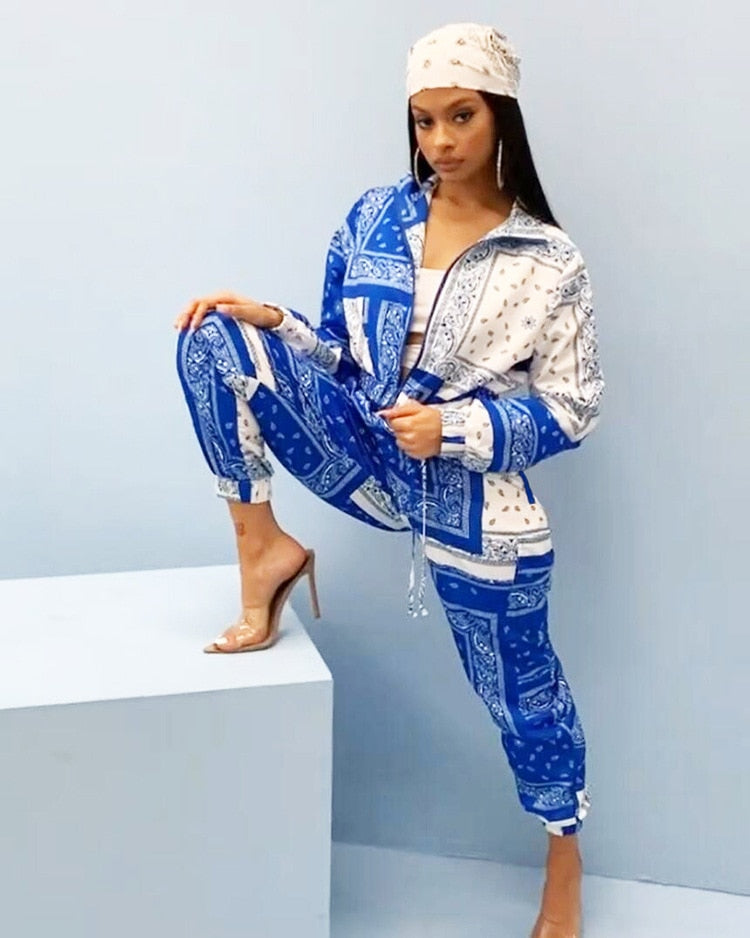 Paisley Bandana Print Two 2 Piece Set Women Fitness Sweatsuit Zipper Up Sweatshirt + Jogger Pants Set Tracksuit Vintage Outfits eprolo
