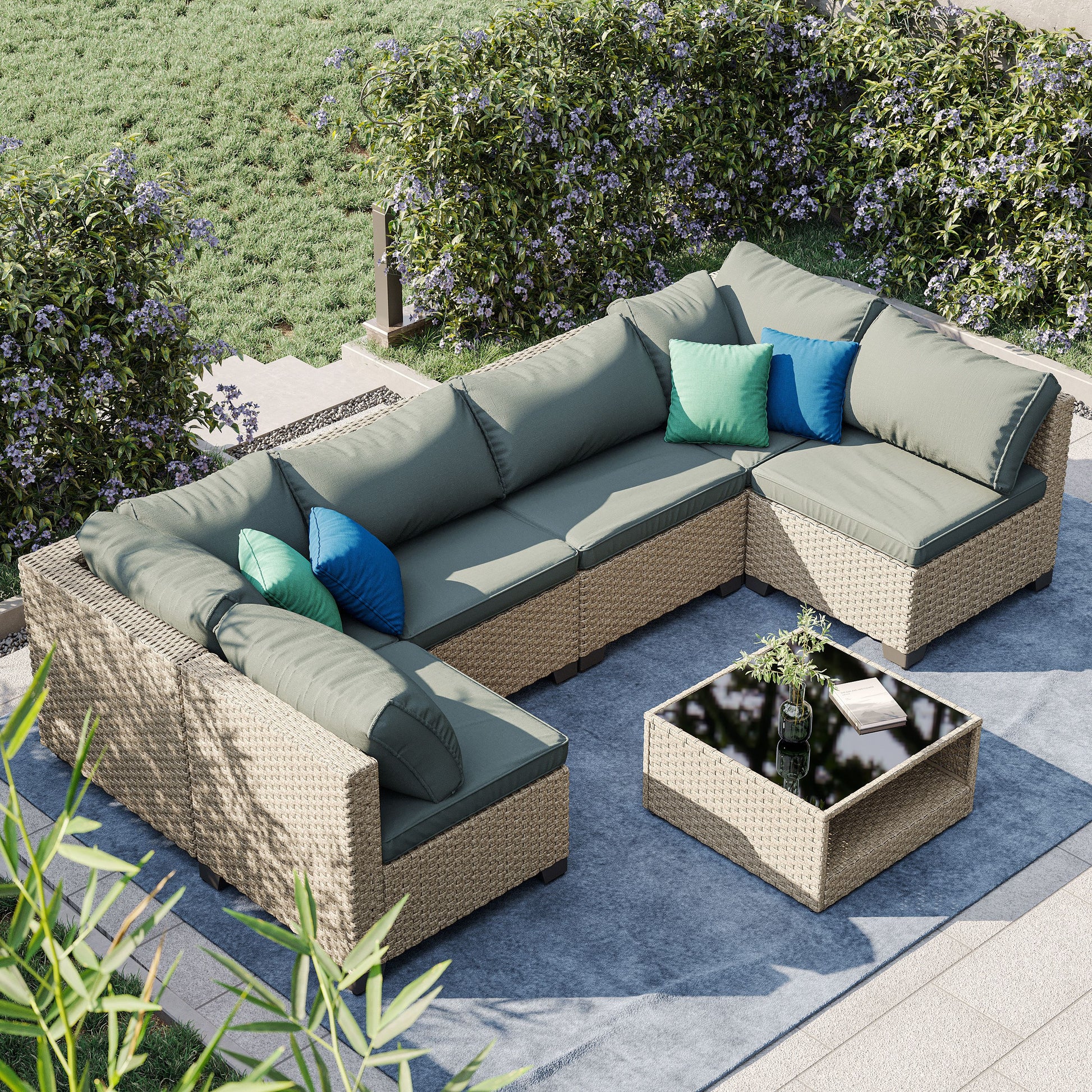 7-Piece Patio Furniture Set, All-Weather Boho Outdoor Conversation Set Sectional Sofa with Water Resistant Grey Thick Cushions eprolo