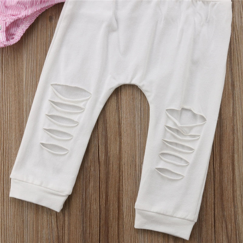 2PCS Baby Girls Clothing Set Girls Off Shoulder Romper +White Ripped Jeans Pants Infant Pink Outfits Newborn Clothes Sets eprolo