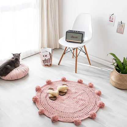Handmade Woolen Ball Carpet – Round Floor Mat for Bedroom & Living Room - Shello's Creative Boutique