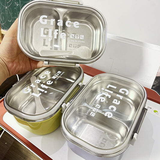 Korean style simple stainless steel two compartment lunch box with cutlery eprolo