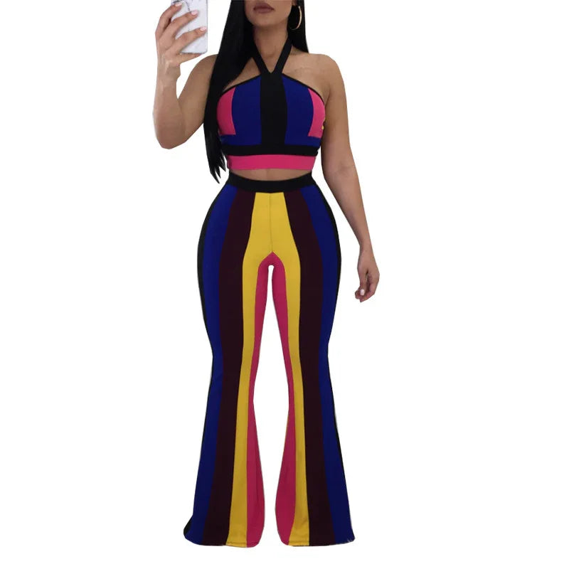 Sexy Rainbow Wide Leg Pants Set Sling Short Top Two Piece Set Summer Clothes Women's Suit - Shello's Creative Boutique