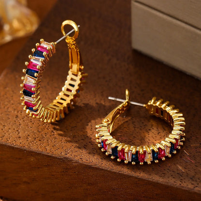 18K gold O-shaped gemstone-inlaid earrings with a light luxury style - Shello's Creative Boutique
