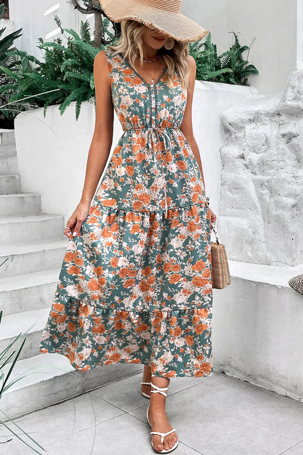 Sky Blue Floral Print Trimmed V Neck Sleeveless Vacation Dress - Shello's Creative Boutique