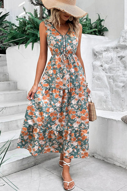 Sky Blue Floral Print Trimmed V Neck Sleeveless Vacation Dress - Shello's Creative Boutique