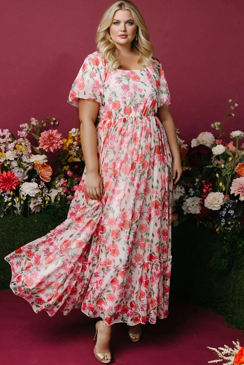Pink Floral Maxi Dress - Plus Size Square Neck Puff Sleeve Ruffle Dress for Summer - Shello's Creative Boutique