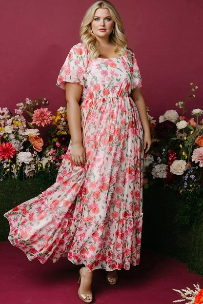 Pink Floral Maxi Dress - Plus Size Square Neck Puff Sleeve Ruffle Dress for Summer - Shello's Creative Boutique