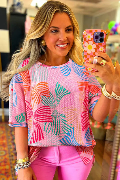Pink Bowknot Print Waffle Loose Tee - Shello's Creative Boutique