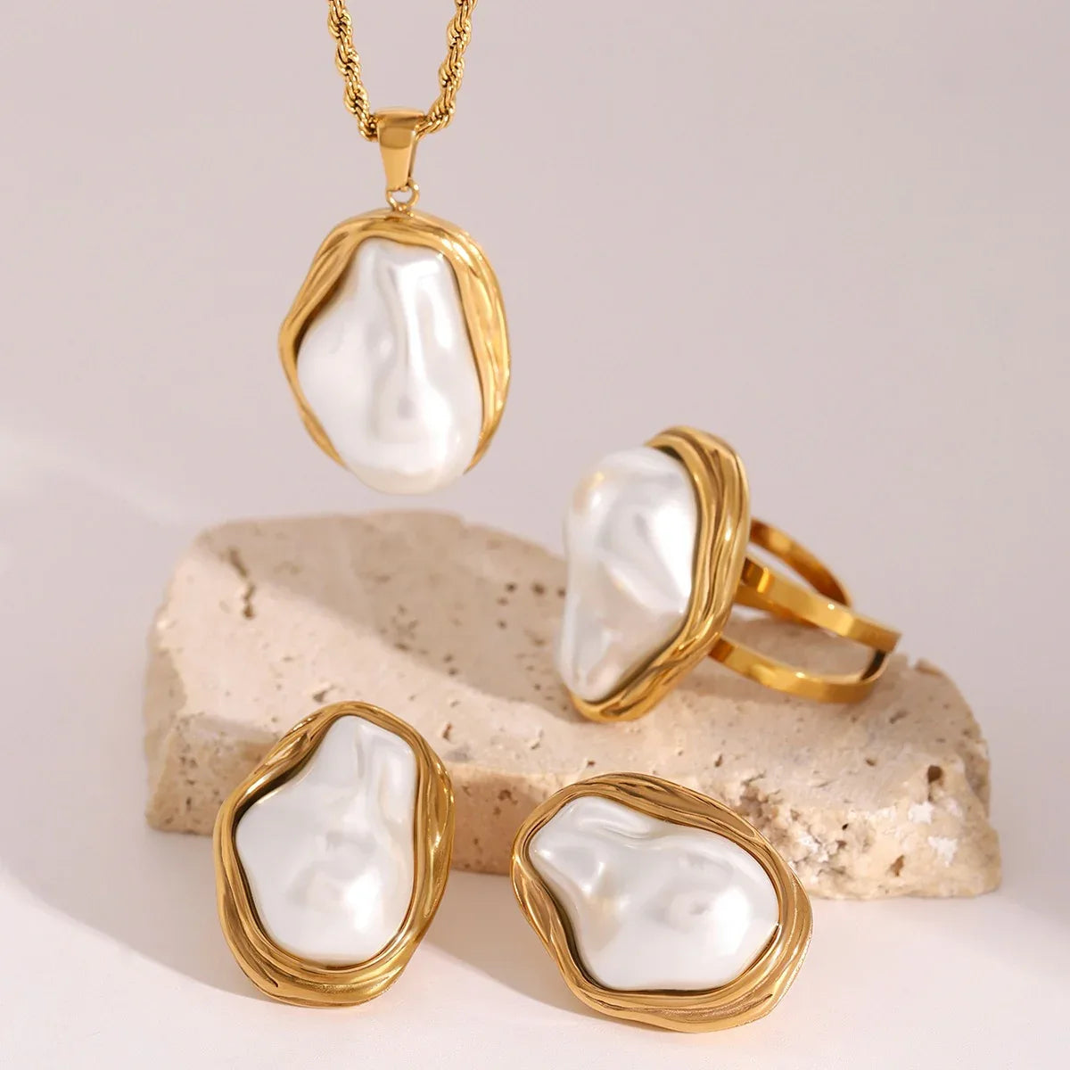 18K gold geometric inlaid irregular pearl design high-end earrings necklace ring set - Shello's Creative Boutique