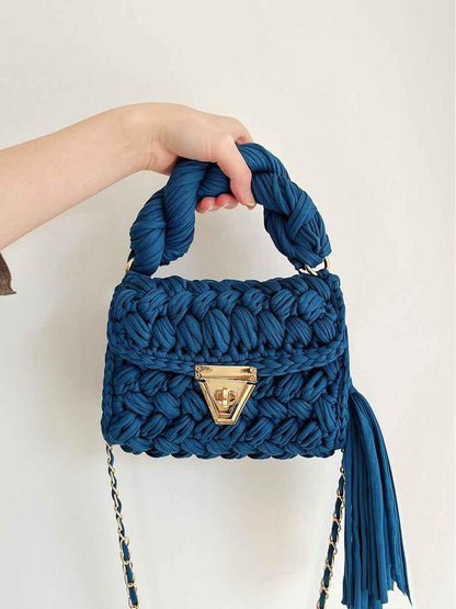 Women Crochet Shoulder Bag - Hand Woven Crochet Tassel Bag with Fried Dough Twists - Shello's Creative Boutique