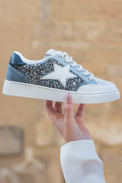 Silver Sequin Star Patch Lace Up Shoes - Shello's Creative Boutique