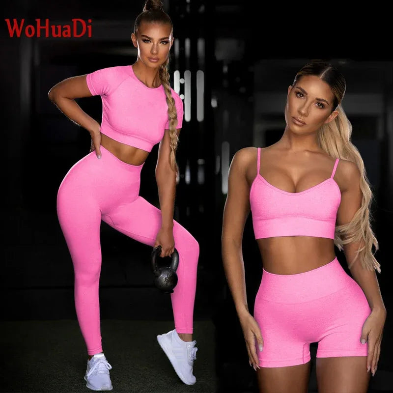 2Pcs/3Pcs/4Pcs Yoga Set Women Clotching Fitness Sportswear Seamless High Waist Leggings Shorts Shirt Crop Top Sport Bra - Shello's Creative Boutique