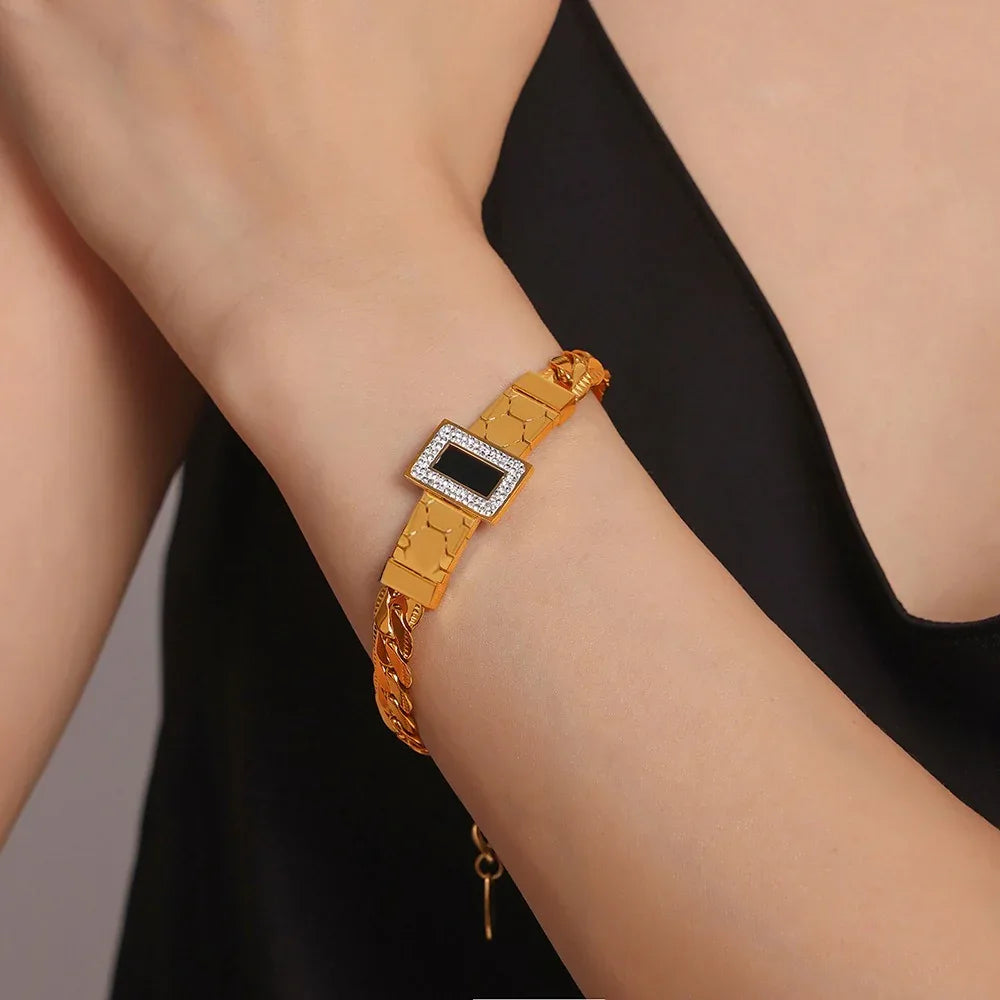 18K gold exquisite light luxury geometric inlaid zircon and gemstone design versatile bracelet necklace set - Shello's Creative Boutique