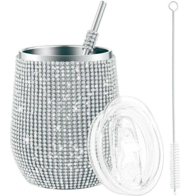 12oz Diamond Wine Tumbler With Sealed Lid Vacuum Thermo Beer Mug Cup Stainless Steel Mug Cup Champagne Party Bridemaid Gift eprolo