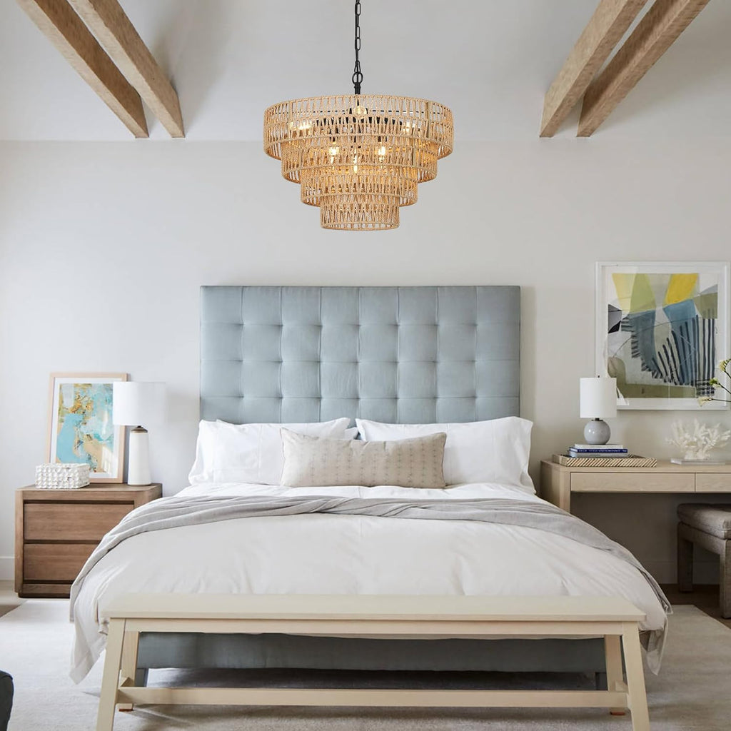 6-Light Dining Room Light Fixture, Wicker Pendant Lighting with 4-Tier Woven Lampshade, Large Farmhouse Chandeliers (20") eprolo