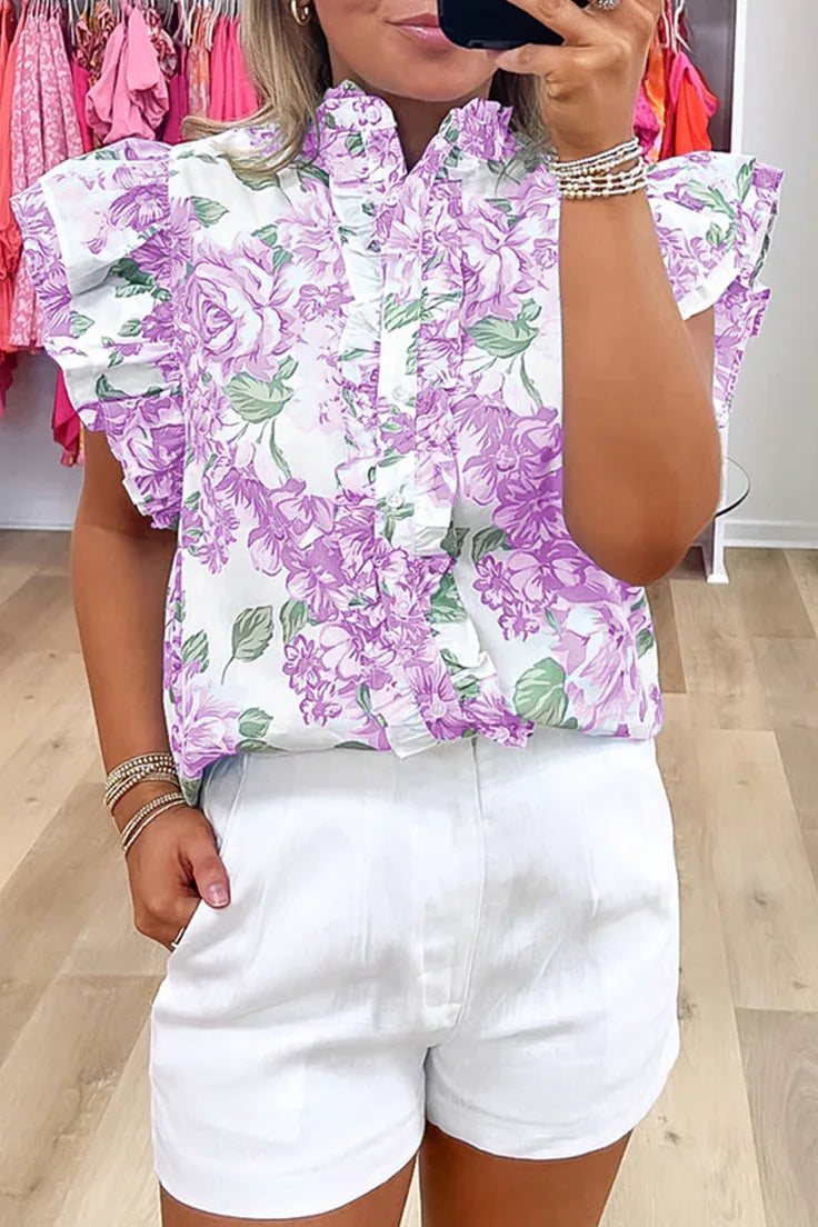 Green Floral Print Ruffle Sleeve Frill Shirt - Shello's Creative Boutique