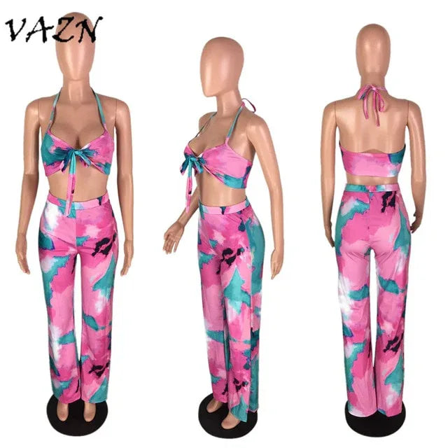 Sexy Beach Style 2 piece Women Set Print Halter Strapless Long Pant Bodycon Set - Shello's Creative Boutique