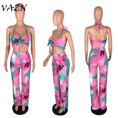 Sexy Beach Style 2 piece Women Set Print Halter Strapless Long Pant Bodycon Set - Shello's Creative Boutique