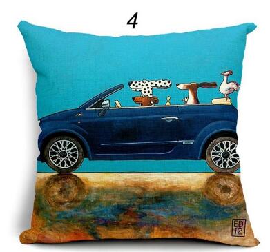 Pillow Lovely Cartoon Dog Driving Car Vintage Almofadas 45X45CM Linen Pillow Decorative Linen Cushion Cover Shello Creative Boutique