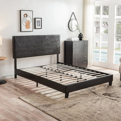 Queen Size Upholstered Platform Bed Frame Wood Slat Support Easy Assembly Black pu - Shello's Creative Boutique