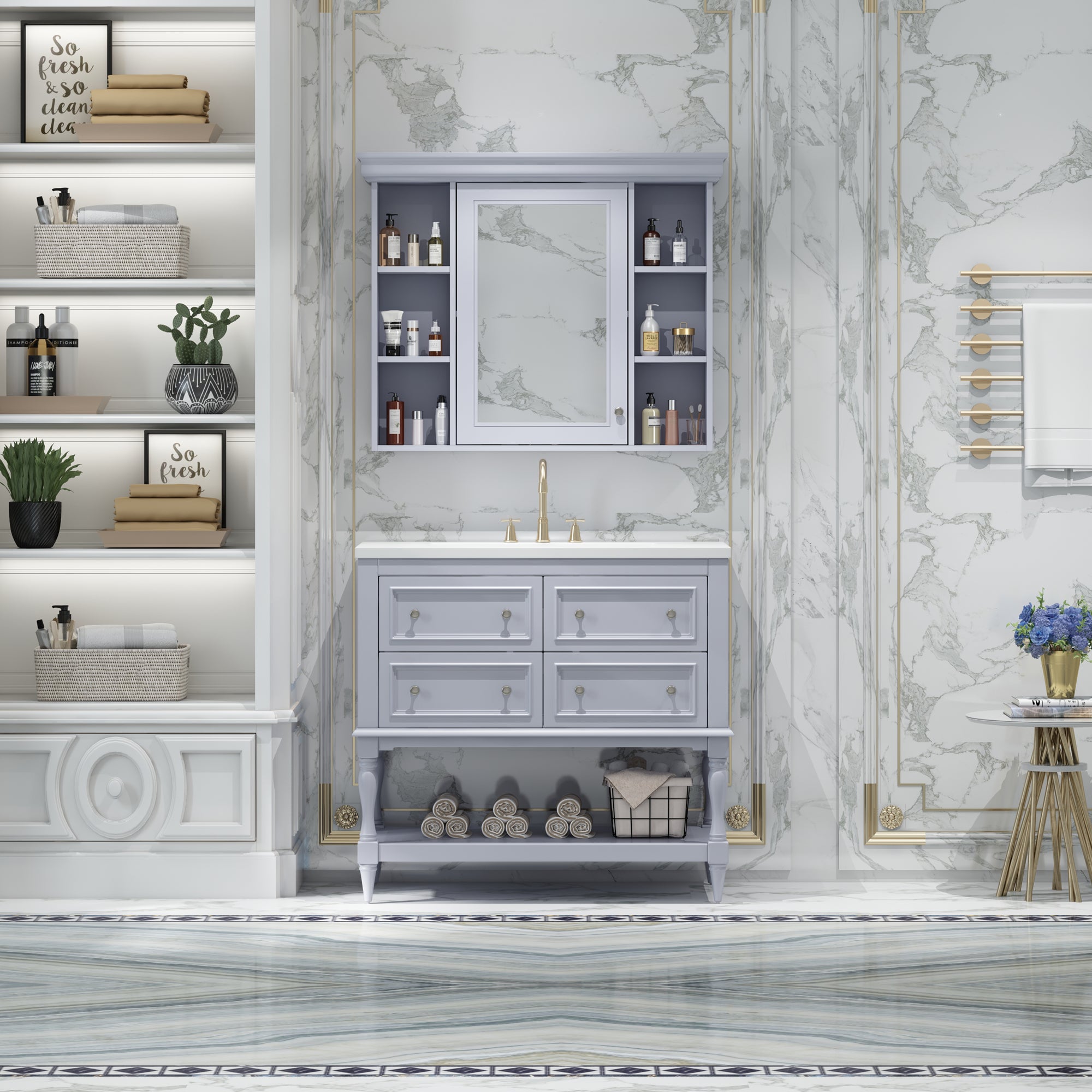36'' Bathroom Vanity with Medicine Cabinet, Modern Mirror Cabinet with Adjustable Shelf, Bathroom Storage Cabinet with 4 Drawers eprolo