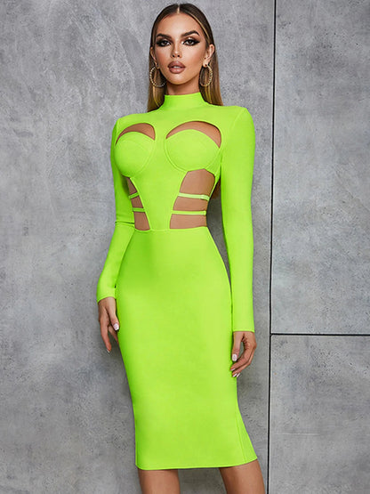 New Fluorescent Green Sexy Hollow Out Bodycon Design  Bandage Dress Women'S Long Sleeve Fashion Club Party Vesidos eprolo