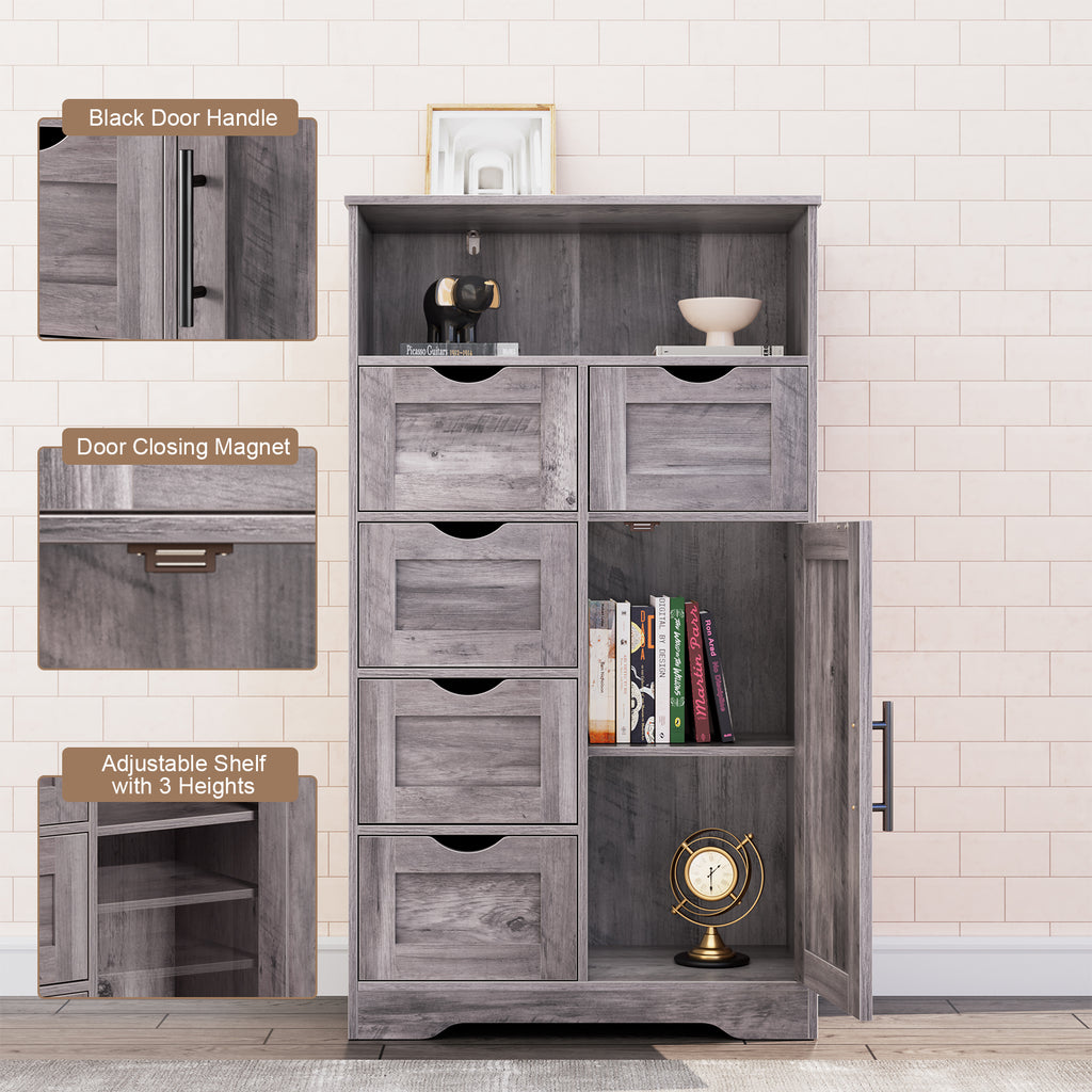 5 Drawers Storage Cabinet with Adjustable Shelves, Bathroom Cabinet with Doors, Floor Cabinet for Living Room Grey eprolo