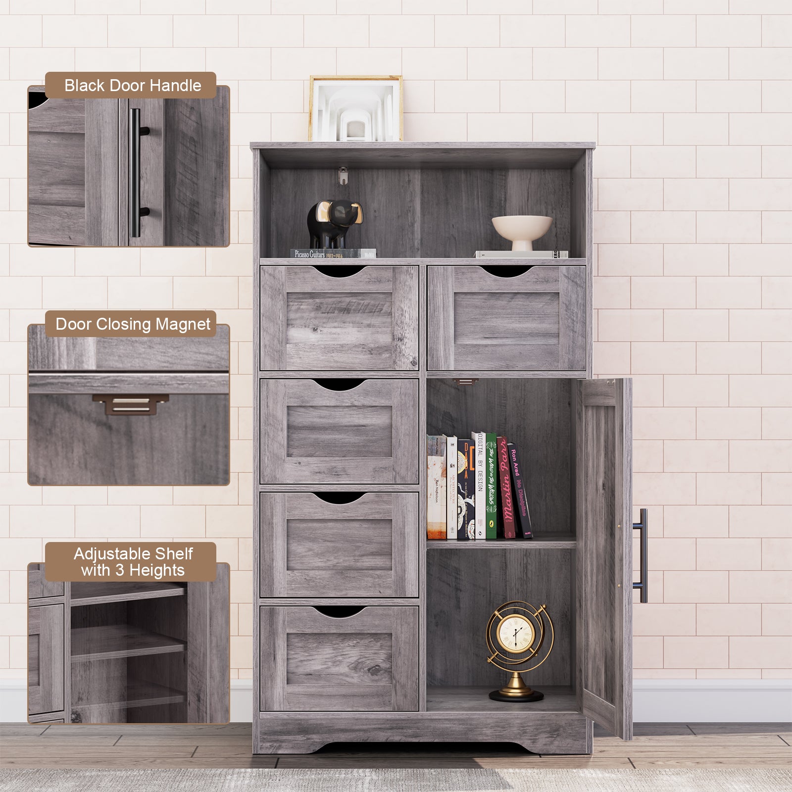 5 Drawers Storage Cabinet with Adjustable Shelves, Bathroom Cabinet with Doors, Floor Cabinet for Living Room Grey eprolo