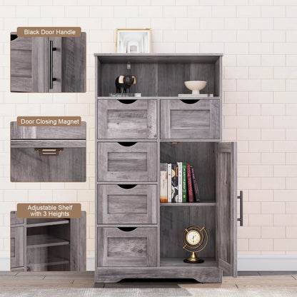 5 Drawers Storage Cabinet with Adjustable Shelves, Bathroom Cabinet with Doors, Floor Cabinet for Living Room Grey - Shello's Creative Boutique