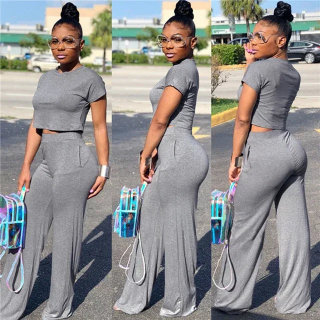 Casual Two Piece Set Crop Top and Wide Leg Pants Fall Sexy 2 Piece Outfits for Women Clothing Set - Shello's Creative Boutique