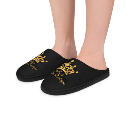 Queen's Slippers — Women's Black Indoor Slippers with Gold Crown Design