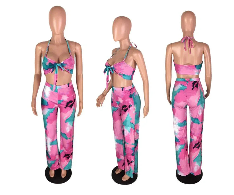 Sexy Beach Style 2 piece Women Set Print Halter Strapless Long Pant Bodycon Set - Shello's Creative Boutique