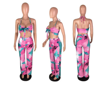 Sexy Beach Style 2 piece Women Set Print Halter Strapless Long Pant Bodycon Set - Shello's Creative Boutique