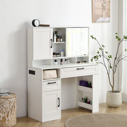 Vanity table with large sliding lighted mirror dressing table with 2 drawers storage shelves and upholstered stool - Shello's Creative Boutique