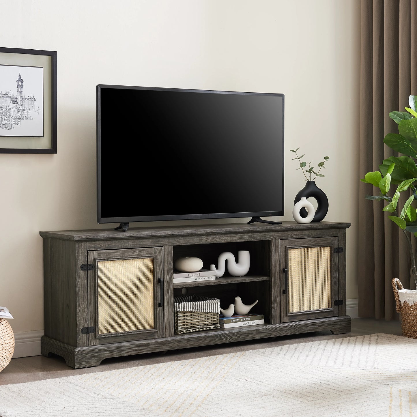 Vine TV stand console table, suitable for TVs under 70 inches, equipped with 2 storage shelves and 2 natural rattan doors, gray - Shello's Creative Boutique