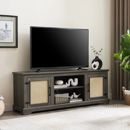 Vine TV stand console table, suitable for TVs under 70 inches, equipped with 2 storage shelves and 2 natural rattan doors, gray - Shello's Creative Boutique