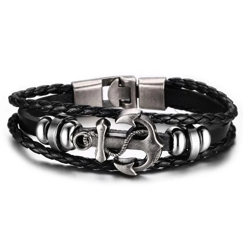 Vnox Anchor Bracelet Black Braided Leather Charm Men Jewelry - Shello's Creative Boutique