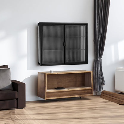 Retro Style Haze Double Glass Door Wall Cabinet With Detachable Shelves for Office Dining Room Living Room eprolo